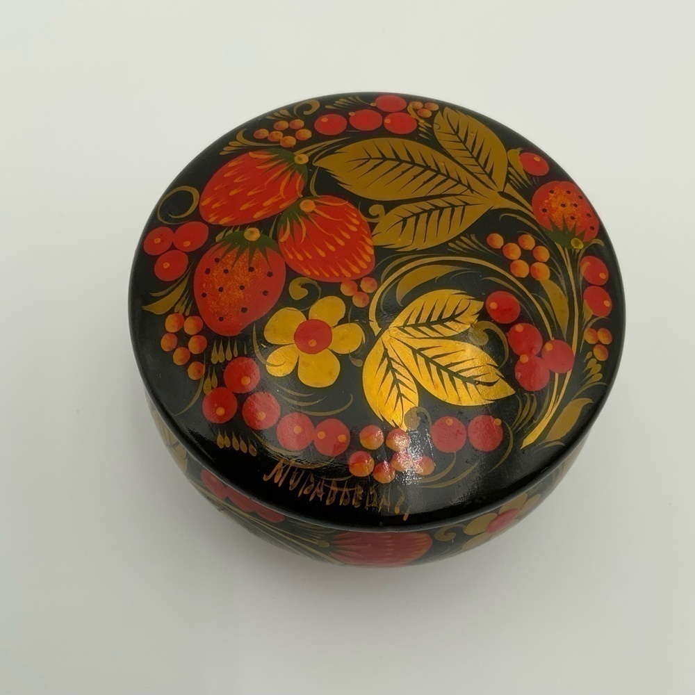 Russian Laqured Painted Wooden Lidded Jar Gooseberry Motif Black Orange Red Gold